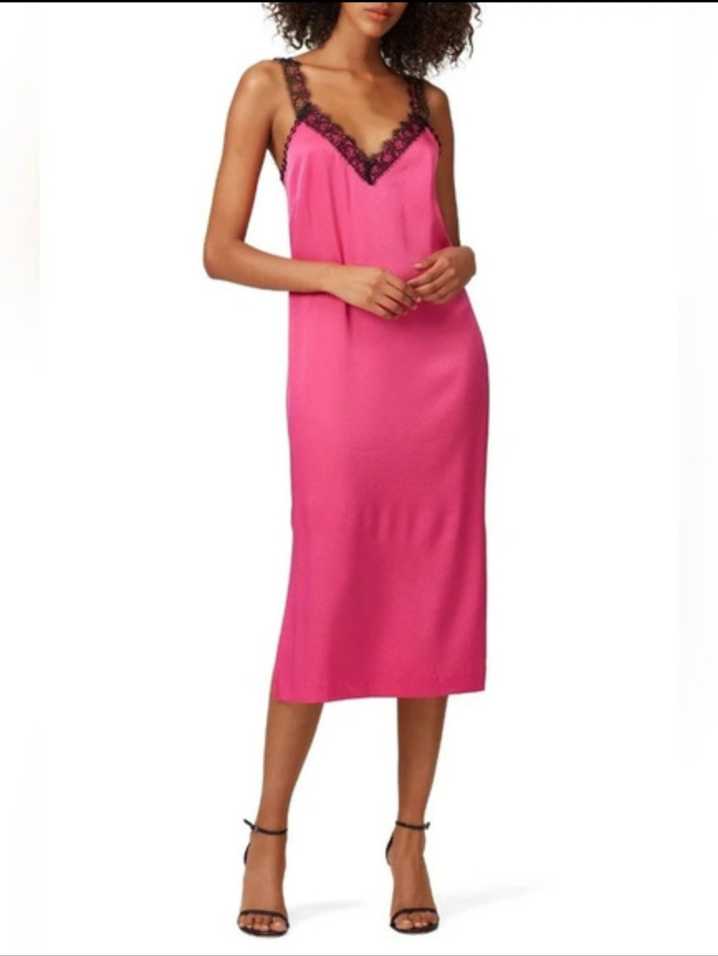 Jason Wu Pink Satin Midi Slip Dress Size 6 Black Silk Lace Trim Evening Cocktail